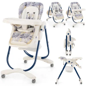 Opvouwbare kinderstoel voor baby's met wielen in hoogte verstelbaar voetensteun en rugleuning verwijderbaar dienblad donkerblauw 1