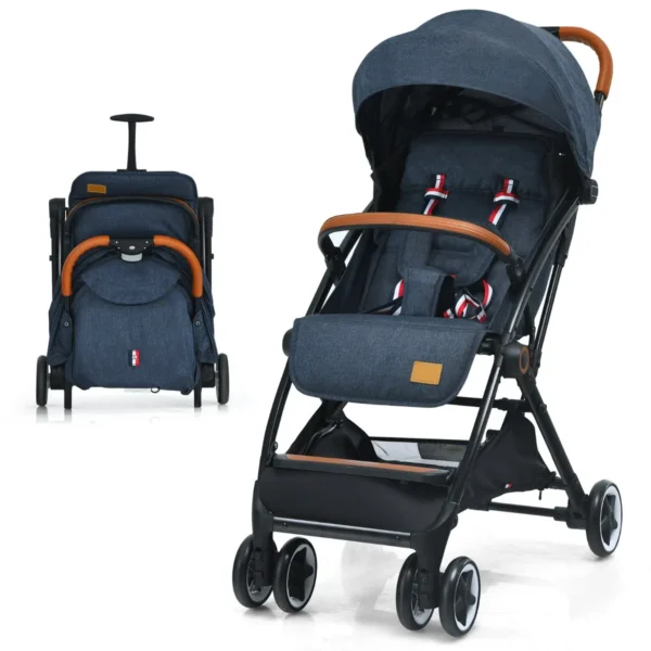 Opvouwbare kinderwagen handig vouwmechanisme met één hand lichtgewicht aluminium frame verstelbare rugleuning blauw 1
