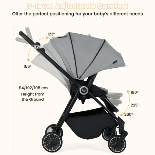 Opvouwbare kinderwagen met omkeerbare zitting verstelbare rugleuning verstelbare kap handgreep aluminium kinderwagen grijs 5