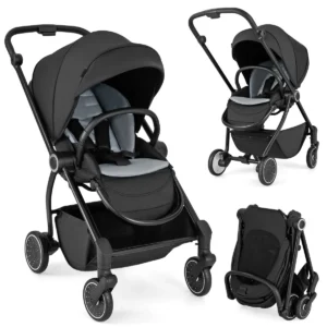 Opvouwbare kinderwagen met omkeerbare zitting verstelbare rugleuning verstelbare kap handgreep aluminium kinderwagen zwart 1