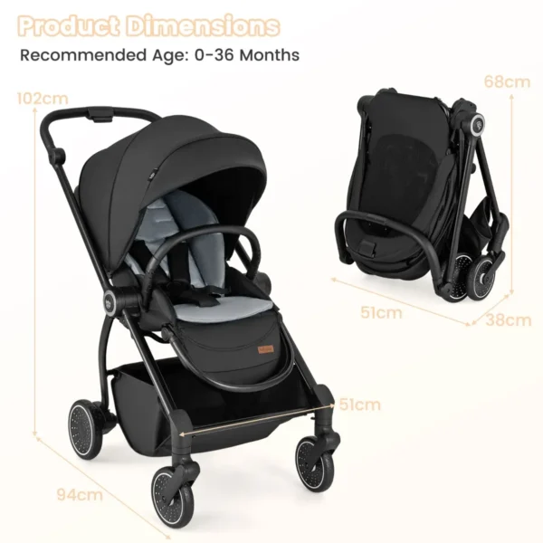 Opvouwbare kinderwagen met omkeerbare zitting verstelbare rugleuning verstelbare kap handgreep aluminium kinderwagen zwart 2