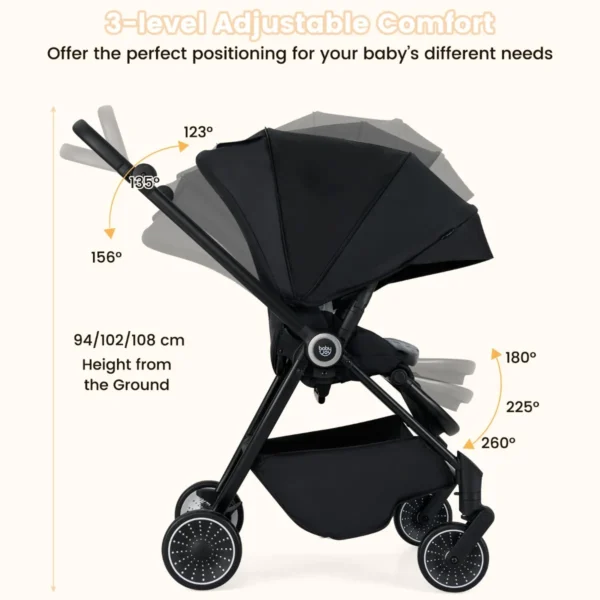 Opvouwbare kinderwagen met omkeerbare zitting verstelbare rugleuning verstelbare kap handgreep aluminium kinderwagen zwart 3
