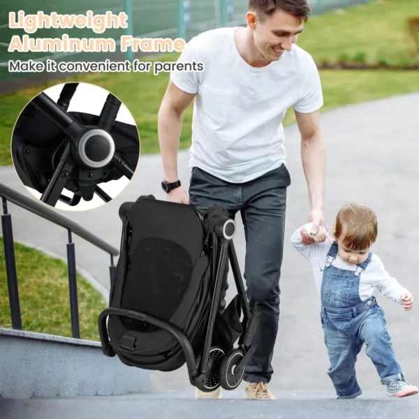 Opvouwbare kinderwagen met omkeerbare zitting verstelbare rugleuning verstelbare kap handgreep aluminium kinderwagen zwart 7