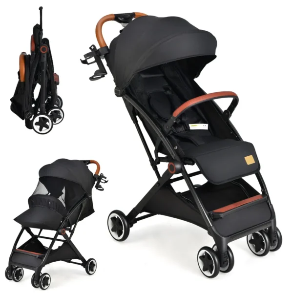 Opvouwbare kinderwagen wandelwagen met verstelbare rugleuning en kap babywagen met bekerhouder 5 punts gordel (zwart) 2