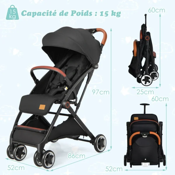 Opvouwbare kinderwagen wandelwagen met verstelbare rugleuning en kap babywagen met bekerhouder 5 punts gordel (zwart) 3