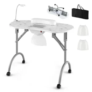 Opvouwbare manicuretafel met elektrische stofafzuiger flexibele ledlamp verwijderbare polssteun draagtas 4 vergrendelbare wielen wit 1