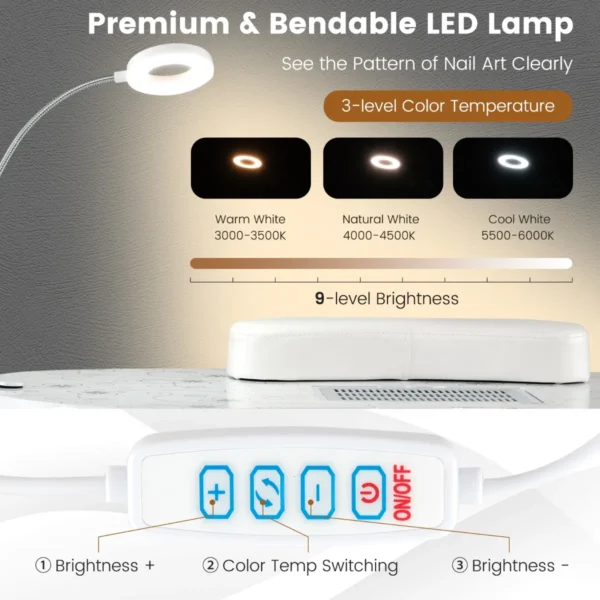 Opvouwbare manicuretafel met elektrische stofafzuiger flexibele ledlamp verwijderbare polssteun draagtas 4 vergrendelbare wielen wit 5