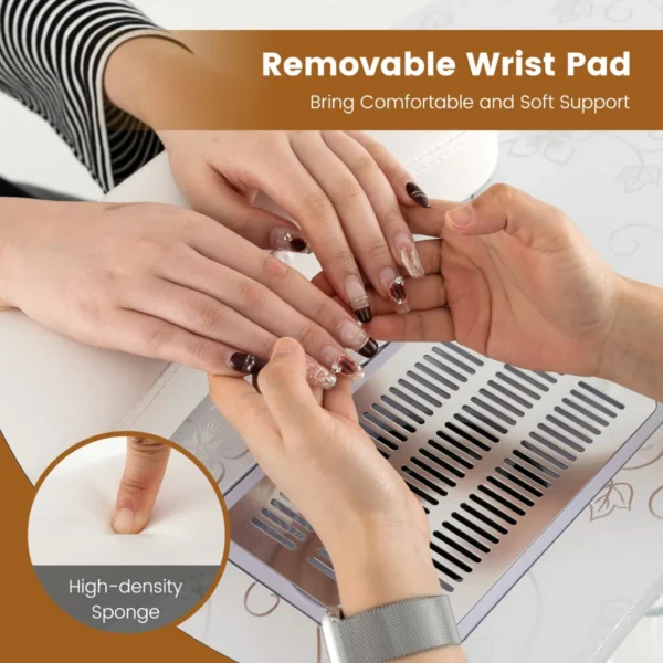 Opvouwbare manicuretafel met elektrische stofafzuiger flexibele ledlamp verwijderbare polssteun draagtas 4 vergrendelbare wielen wit 7