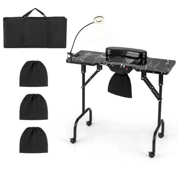 Opvouwbare manicuretafel met elektrische stofafzuiging schoonheidsspecialistendesk met led verlichting polskussen voor de klant zwart 1