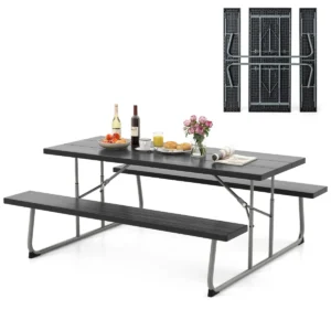 Opvouwbare picknicktafel met 2 banken 183 cm campingtafelset met metalen frame weerbestendig hdpe tafelblad en parasolgat 1