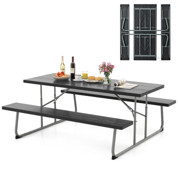 Opvouwbare picknicktafel met 2 banken 183 cm campingtafelset met metalen frame weerbestendig hdpe tafelblad en parasolgat 1