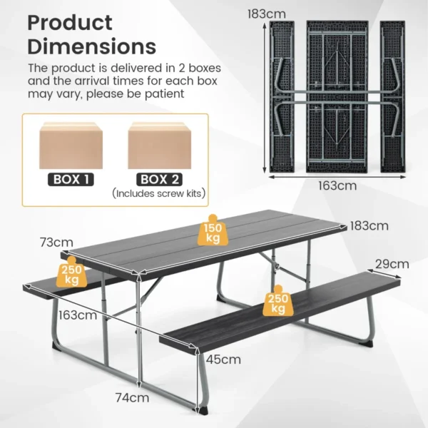 Opvouwbare picknicktafel met 2 banken 183 cm campingtafelset met metalen frame weerbestendig hdpe tafelblad en parasolgat 3