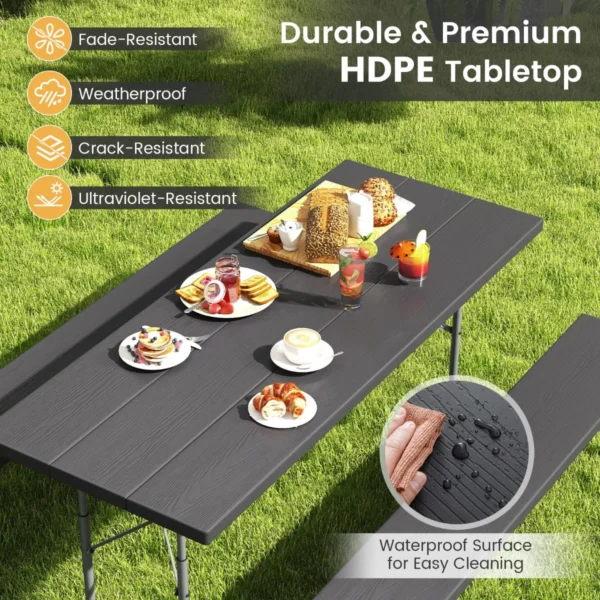 Opvouwbare picknicktafel met 2 banken 183 cm campingtafelset met metalen frame weerbestendig hdpe tafelblad en parasolgat 4