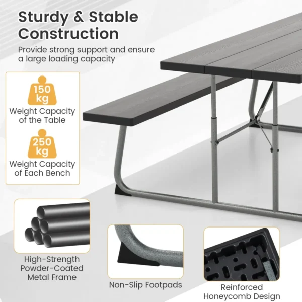 Opvouwbare picknicktafel met 2 banken 183 cm campingtafelset met metalen frame weerbestendig hdpe tafelblad en parasolgat 5