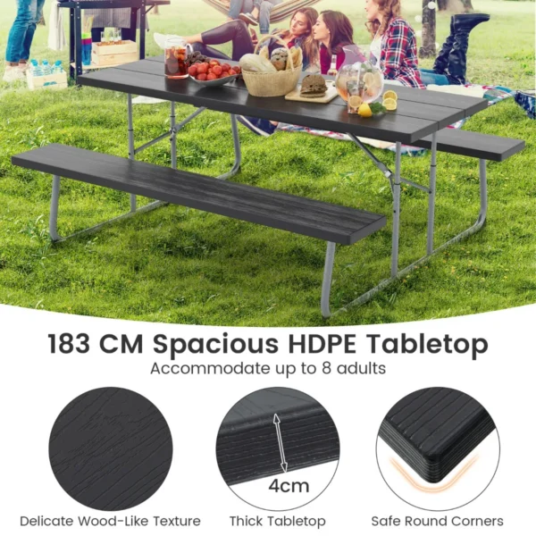 Opvouwbare picknicktafel met 2 banken 183 cm campingtafelset met metalen frame weerbestendig hdpe tafelblad en parasolgat 7