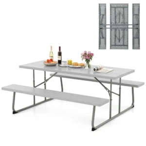 Opvouwbare picknicktafel met 2 banken weerbestendig hdpe tafelblad en parasolgat tuin en zwembadfeest grijs 1