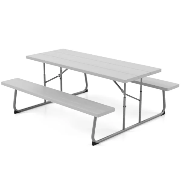 Opvouwbare picknicktafel met 2 banken weerbestendig hdpe tafelblad en parasolgat tuin en zwembadfeest grijs 2