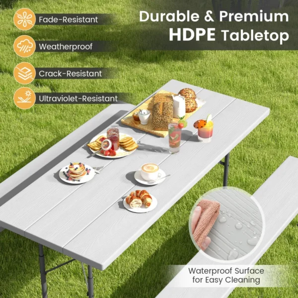 Opvouwbare picknicktafel met 2 banken weerbestendig hdpe tafelblad en parasolgat tuin en zwembadfeest grijs 4