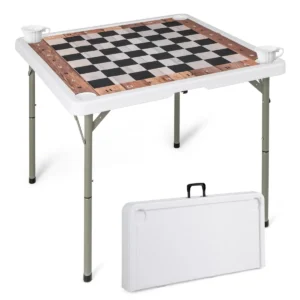 Opvouwbare schaaktafel van 90 cm vierkante tafel met afneembare mat en 4 bekerhouders draagbare kunststof speeltafel met draagbeugel 1
