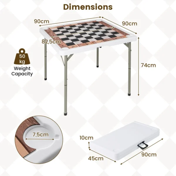 Opvouwbare schaaktafel van 90 cm vierkante tafel met afneembare mat en 4 bekerhouders draagbare kunststof speeltafel met draagbeugel 2