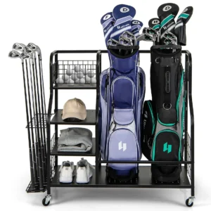 Organiser voor sportuitrusting met afneembare wielen opbergrek voor 2 golftassen met golfclubhouder 6 haken voor garage club 1