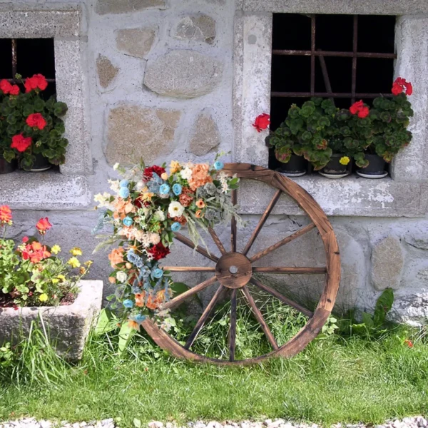 Ouderwets wagenwiel set van 2 houten wiel met stalen velg decoratief tuin wagenwiel autowiel 76 x 76 x 3,5cm bruin 7