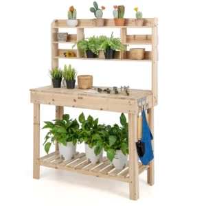 Plantentafel met legplank tuintafel van hout met 3 verdiepingen lang rek & opklapbaar tafelblad & 3 haken natuur 1