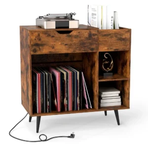 Platenspelerstandaard platenkast met stopcontact & usb & type c platenkast platenspeler platenstandaard voor albums grammofoonplaten cd's 1
