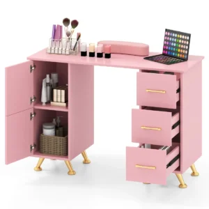 Professionele manicuretafel met 2 kasten 3 lades nagelstudio met polssteun metalen poten voor schoonheidssalon spa roze 1