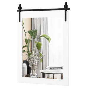Rechthoekige spiegel met houten frame 76,5 x 56 cm rustieke wandspiegel onbreekbare hangspiegel met metalen houder (wit) 1
