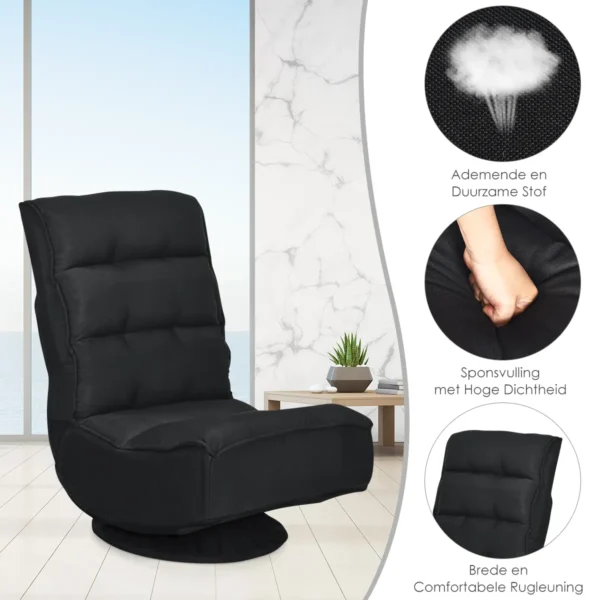 Relax fauteuil verstelbare opklapbare fauteuil draaibare vloer stoel vouwbare vloerstoel voor volwassenen zwart 4