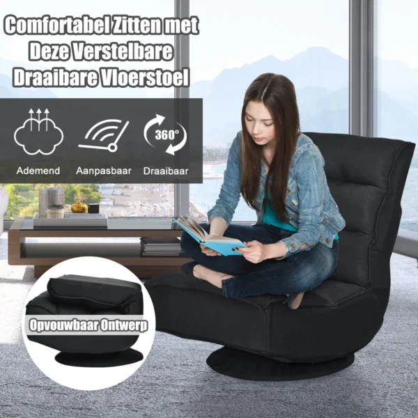 Relax fauteuil verstelbare opklapbare fauteuil draaibare vloer stoel vouwbare vloerstoel voor volwassenen zwart 6