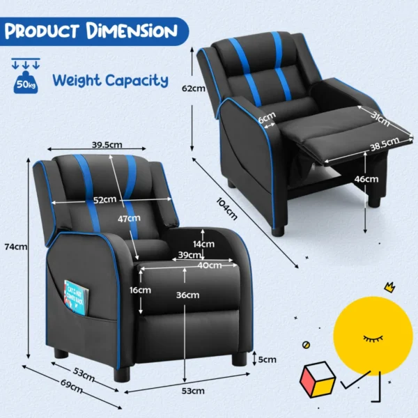 Relaxfauteuil met zijvakken ergonomische kunstleeren bank 69 x 53 x 74 cm zwart + blauw 4