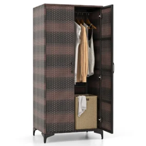 Rieten kledingkast met 2 deuren 157 cm hoge pe rotan kledingkast met kledingstang en 4 vakken kledingorganizer bruin 1