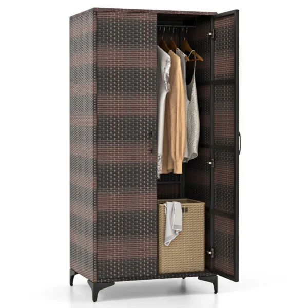 Rieten kledingkast met 2 deuren 157 cm hoge pe rotan kledingkast met kledingstang en 4 vakken kledingorganizer bruin 1
