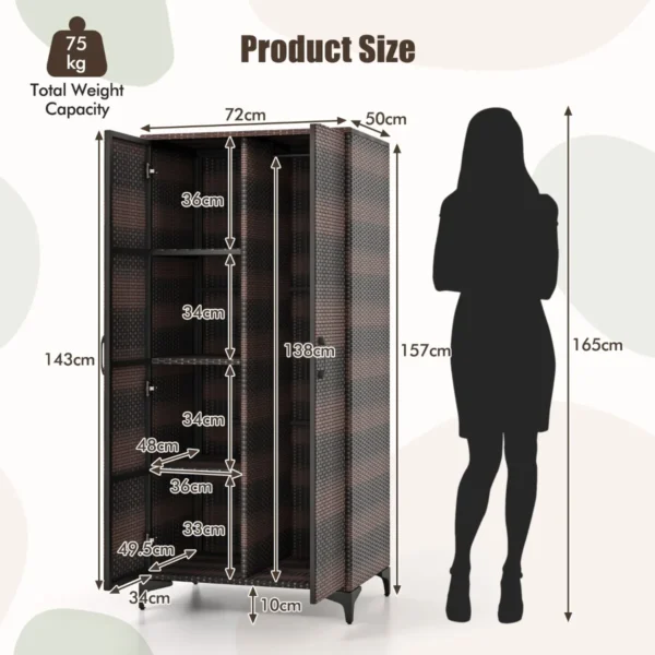 Rieten kledingkast met 2 deuren 157 cm hoge pe rotan kledingkast met kledingstang en 4 vakken kledingorganizer bruin 3