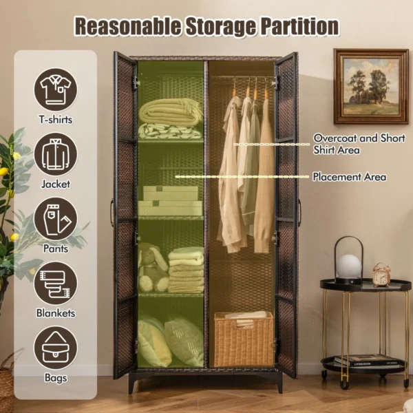 Rieten kledingkast met 2 deuren 157 cm hoge pe rotan kledingkast met kledingstang en 4 vakken kledingorganizer bruin 7