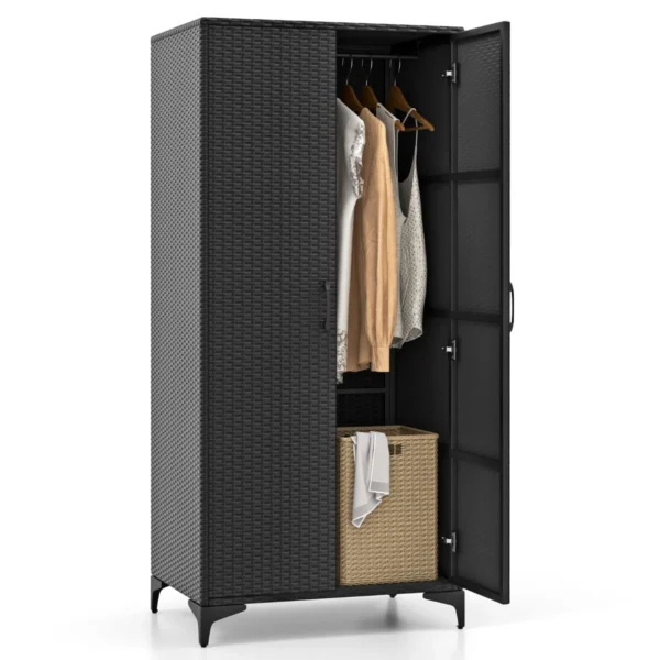 Rieten kledingkast met 2 deuren 157 cm hoge pe rotan kledingkast met kledingstang en 4 vakken kledingorganizer zwart 1