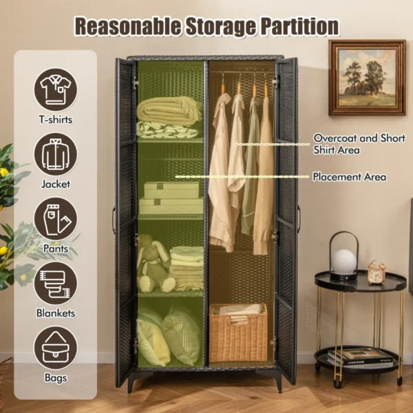 Rieten kledingkast met 2 deuren 157 cm hoge pe rotan kledingkast met kledingstang en 4 vakken kledingorganizer zwart 7