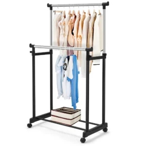 Rolbare kledingrek dubbele stangen inhoogte verstelbaar kledingrek draagbare kledingrek met wielen 86 x 43 x (94 168) cm 1