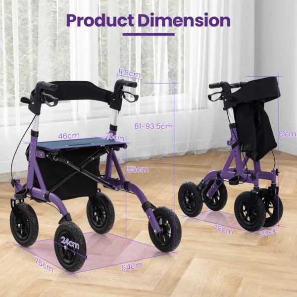 Rollator opvouwbaar en licht met zitting 2 in 1 rolstoel & reiserollator loophulp 6 voudig in hoogte verstelbaar met tas paars 3