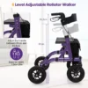 Rollator opvouwbaar en licht met zitting 2 in 1 rolstoel & reiserollator loophulp 6 voudig in hoogte verstelbaar met tas paars 4
