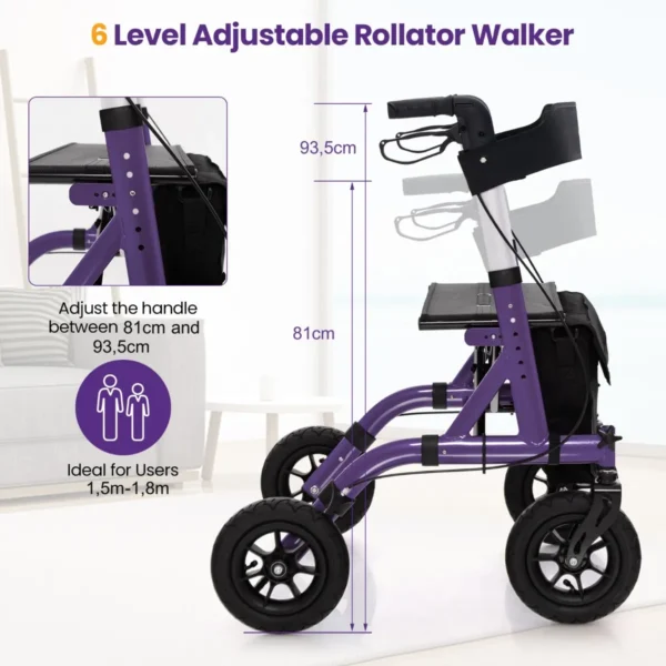 Rollator opvouwbaar en licht met zitting 2 in 1 rolstoel & reiserollator loophulp 6 voudig in hoogte verstelbaar met tas paars 4