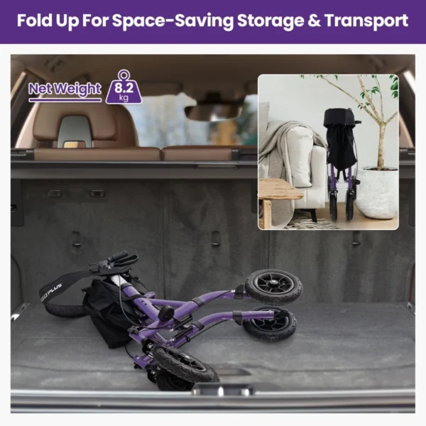 Rollator opvouwbaar en licht met zitting 2 in 1 rolstoel & reiserollator loophulp 6 voudig in hoogte verstelbaar met tas paars 6