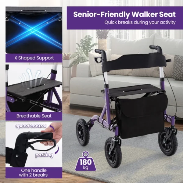 Rollator opvouwbaar en licht met zitting 2 in 1 rolstoel & reiserollator loophulp 6 voudig in hoogte verstelbaar met tas paars 7