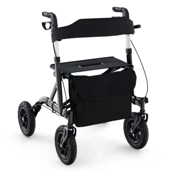 Rollator opvouwbaar en licht met zitting 2 in 1 rolstoel & reiserollator loophulp 6 voudig in hoogte verstelbaar met tas zwart 2