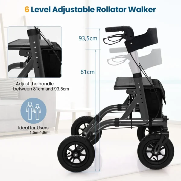 Rollator opvouwbaar en licht met zitting 2 in 1 rolstoel & reiserollator loophulp 6 voudig in hoogte verstelbaar met tas zwart 4