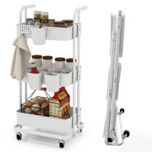 Rollende trolley met 3 etages opvouwbare opslagtrolley 3 hangende kopjes 6 haken universele vergrendelbare metalen wielen wit 1