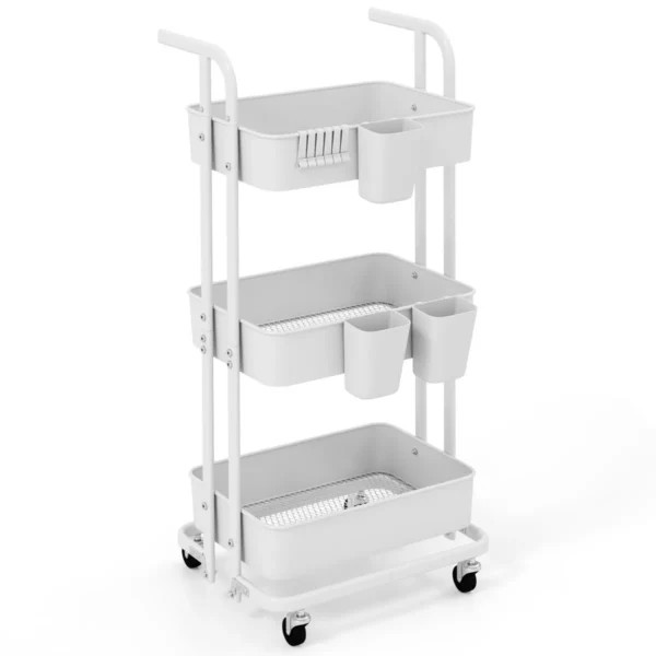 Rollende trolley met 3 etages opvouwbare opslagtrolley 3 hangende kopjes 6 haken universele vergrendelbare metalen wielen wit 2