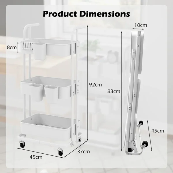 Rollende trolley met 3 etages opvouwbare opslagtrolley 3 hangende kopjes 6 haken universele vergrendelbare metalen wielen wit 3